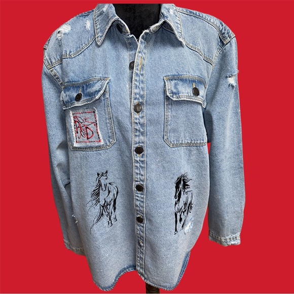 Horse Lover Embroidered Light Denim Distressed Long Sleeve Shirt - Picture 2 of 9